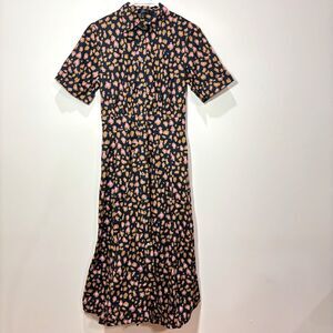J Crew Leopard Shirt Midi Dress Women 0 Navy Pink Button Front Cotton Preppy